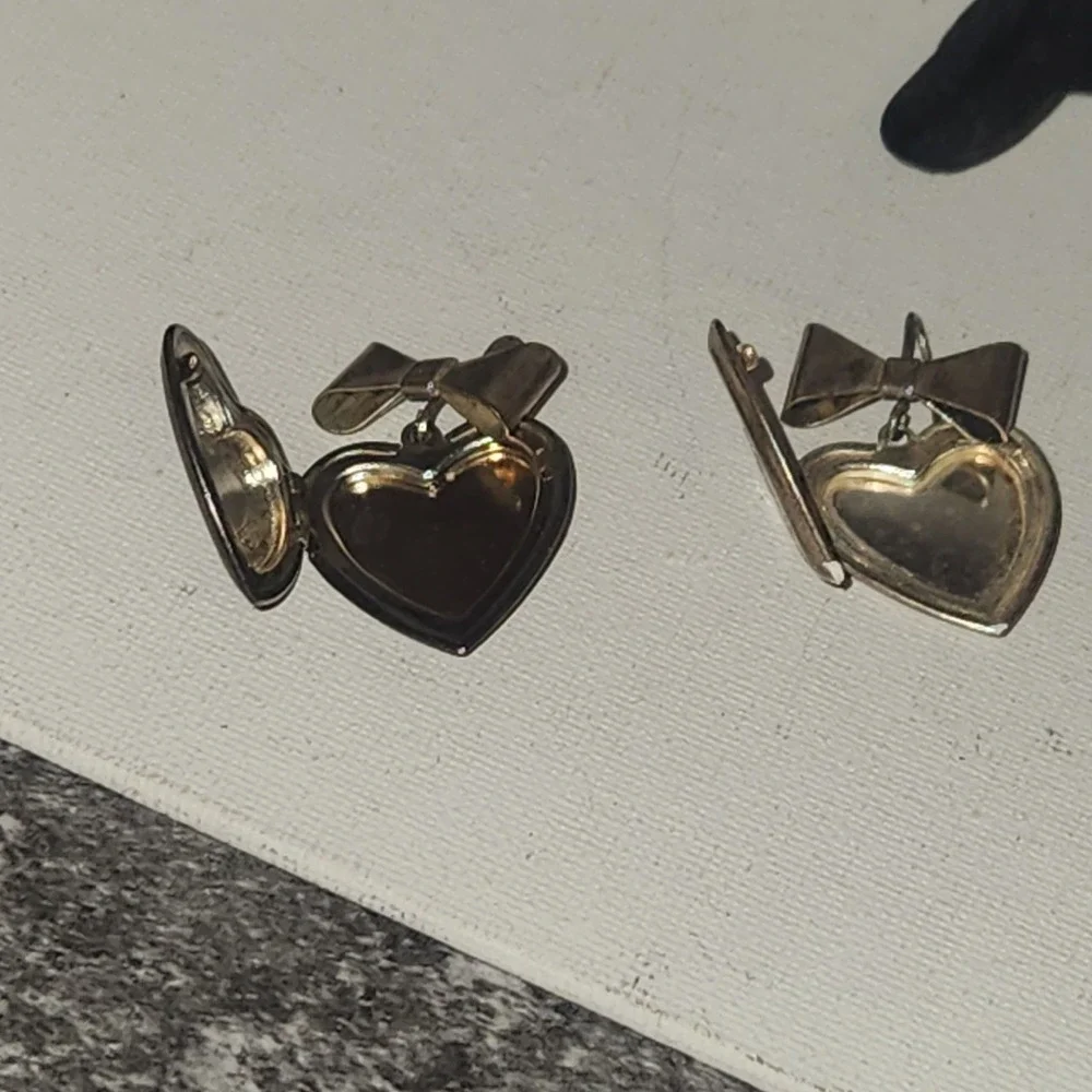 Vintage Heart Locket Earrings Engraved‎ Bow Drop Silver Tone Romantic Jewelry